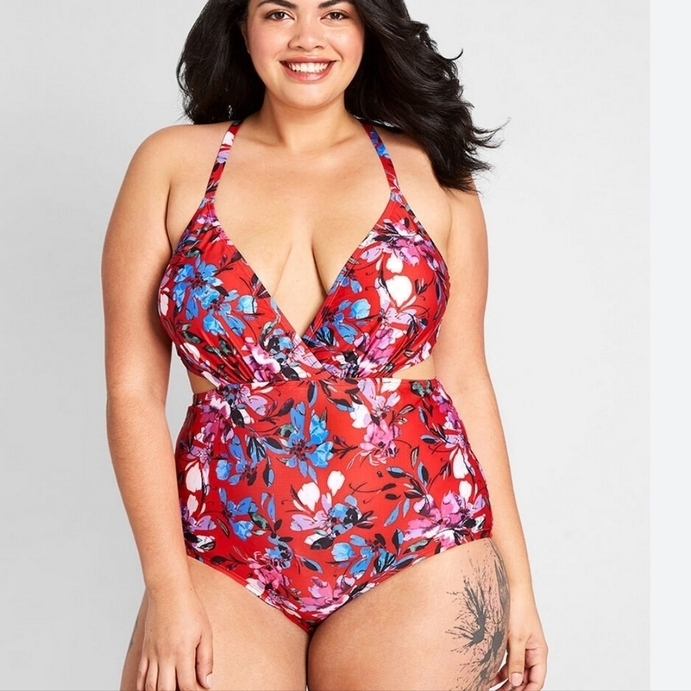 Modcloth Sonia One-Piece Swimsuit 2X Plunging Neck Crisscross Straps Red Floral